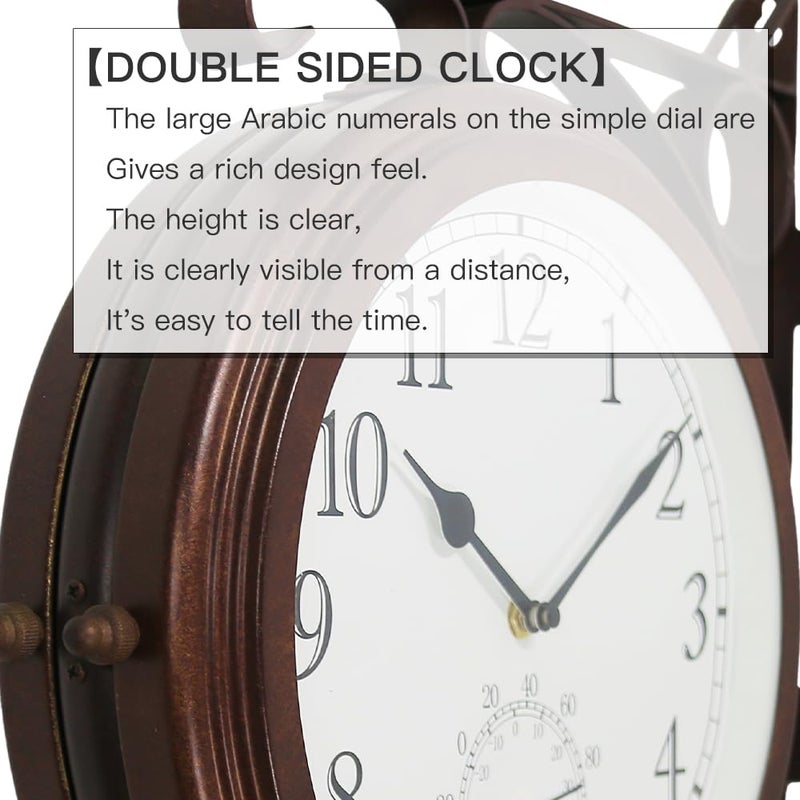 BESTIME 66276A Double Sided Metal Wall Clock with Antique Red Copper. Dial: 10-Inch,Thermometer, Quiet,Easy Read,Retro Station,Antique Hanging Clocks for Garden,Home Decor,Indoor,Outdoor,Living Room. - Image 3